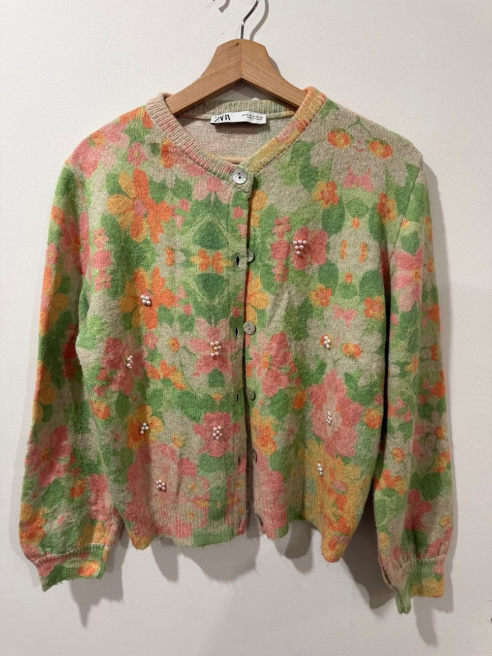 ZARA Floral Knit Cardigan Pearl Detail Size M - Picture 9 of 11
